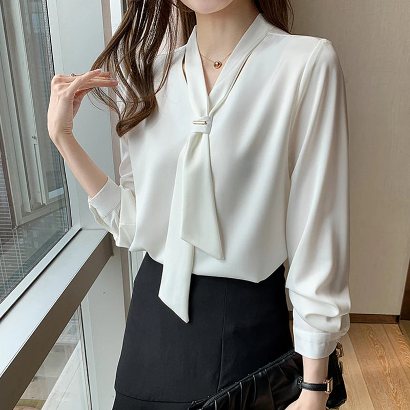 2023 New Fashion Chiffon Women Blouse And Tops Office Long Sleeve White Women Shirts With Tie V Neck Loose Female Clothing 13022  Amaijoin