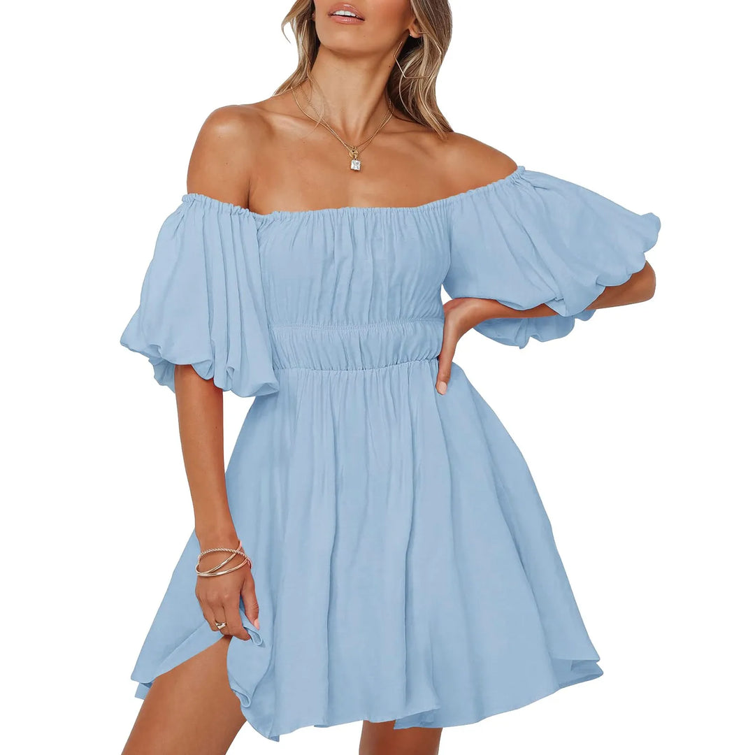 Women'S Summer Dress Puff Sleeves Off Shoulder Mini Dress Ruffled A Line Flowy Swing Dress Beach Summer Dresses For Women Plus  Amaijoin