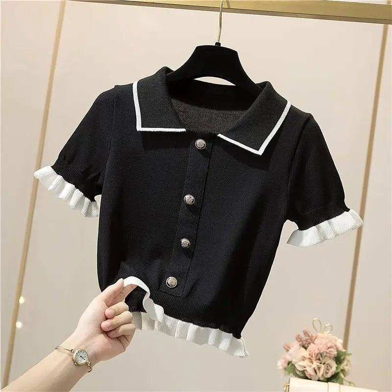 Women Sweet Preppy Style Knit Tops 2024 Korean Summer New Patchwork Short Flare Sleeve Polo Shirts Lady Basic Joker White Tees  Amaijoin