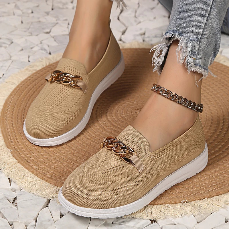 Metal Chain Decor Flats Shoes Women Plus Size 43 Mesh Breathable Shallow Loafers Woman 2023 Autumn Non-Slip Casual Shoes Ladies  Amaijoin