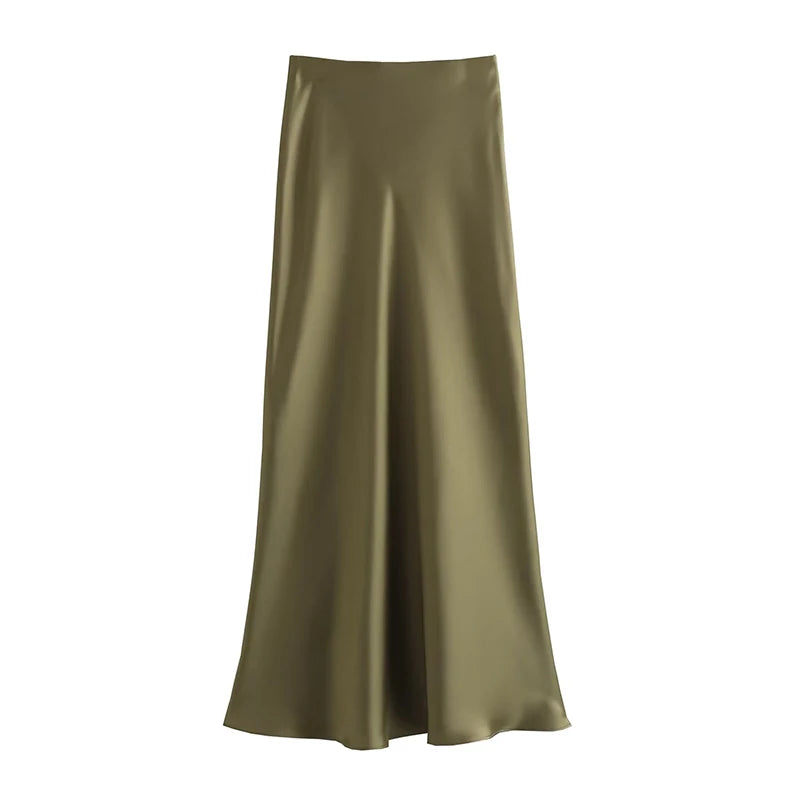 TRAF Satin Midi Skirt Woman High Waist Long Skirts For Women New Fashion 2023 Autumn Casual Elegant Party Women's Skirts  Amaijoin