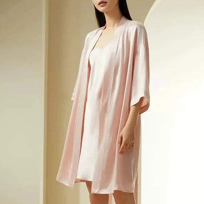 BirdTree 100%Mulberry Silk Simplicity Nightgown,Women Solid Night Robe Set, Elegant Lace-up Pajamas, 2024 Spring Summer S41928QC  Amaijoin