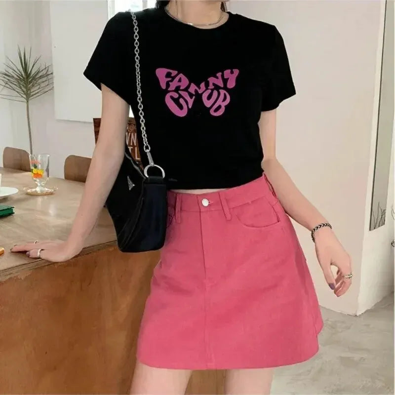 Pink Denim Skirt Women's Loose-fit Korean Style High-waisted Slimming A- line Bodycon Mini Dress A- skirt  Amaijoin