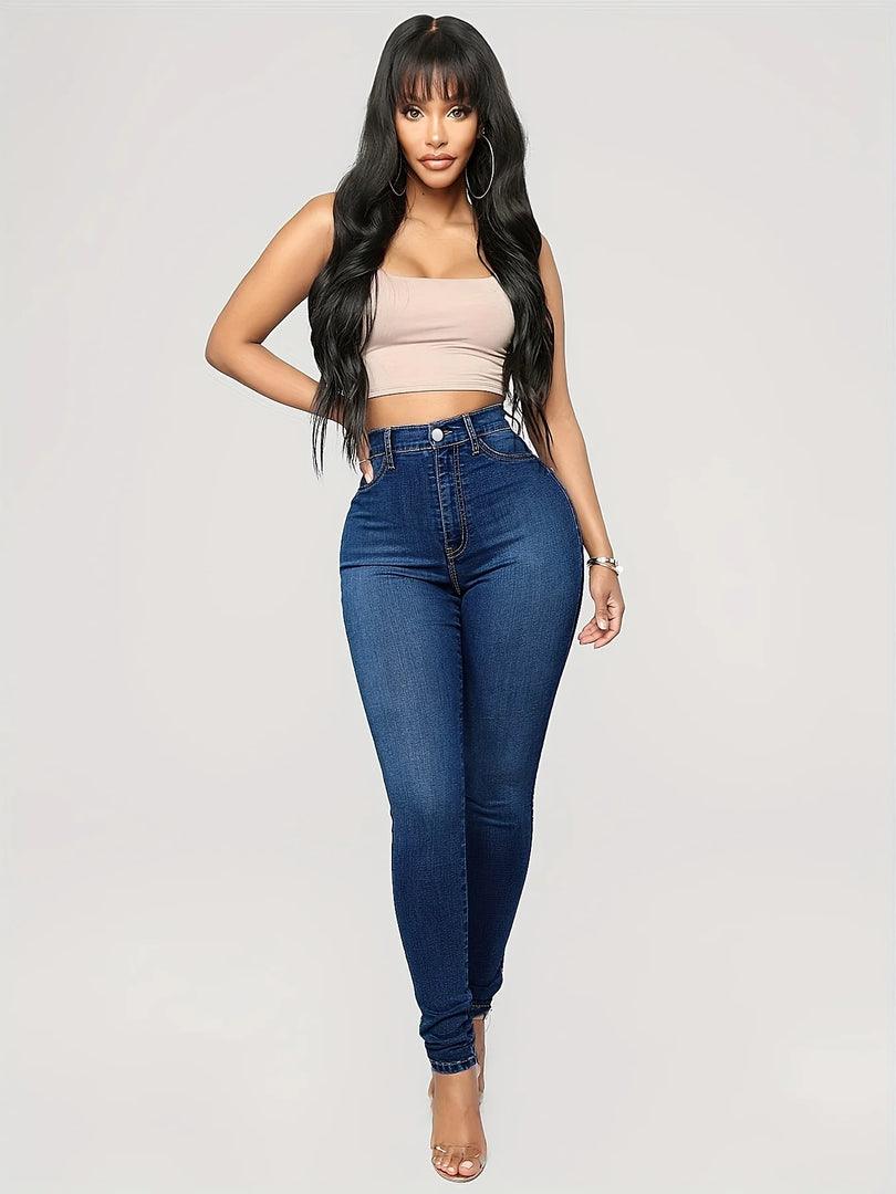 Plain High Waist Skinny Jeans, High Rise Slim Fit Slash Pockets Casual Denim Pants, Women's Denim Jeans & Clothing  Amaijoin