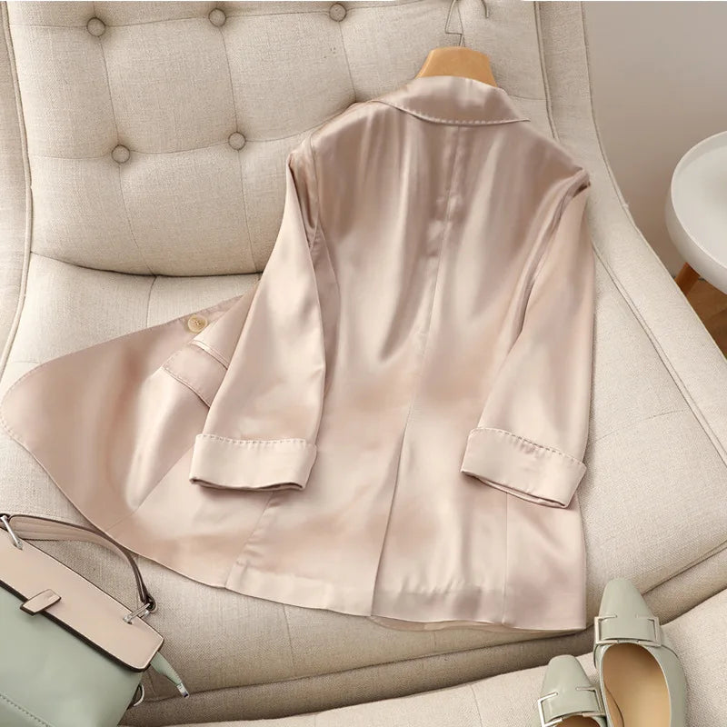 Champagne color Triacetic Acid fabric women blazers Small Suits coat Slim Fitting Waist Closing Silk Satin Suits Thin Coats  Amaijoin