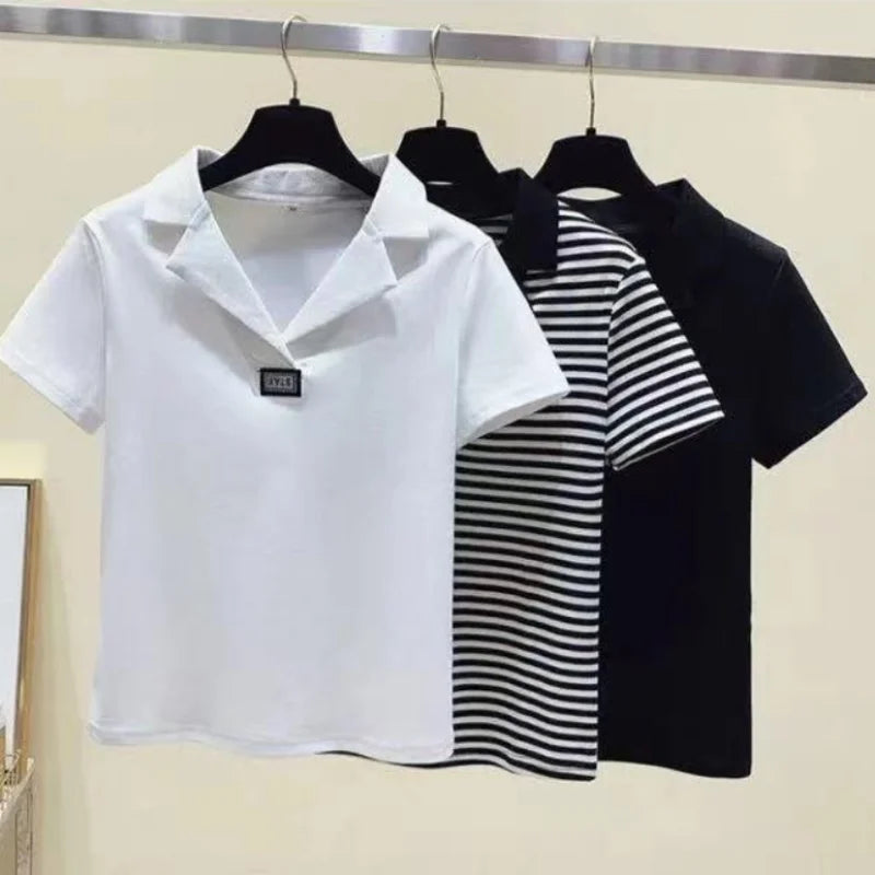 Tops Black Clothing Plain Polo Neck Shirts for Women Aesthetic Luxury High Quality T-shirt Woman Cotton with Collar Y2k Fashion  Amaijoin