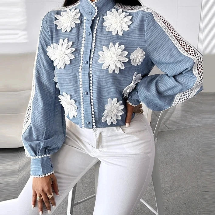 Women Three Dimensional Decoration Stand Collar Hook Flower Hollow Long Puff Sleeves Sweet Blouse Top  Amaijoin