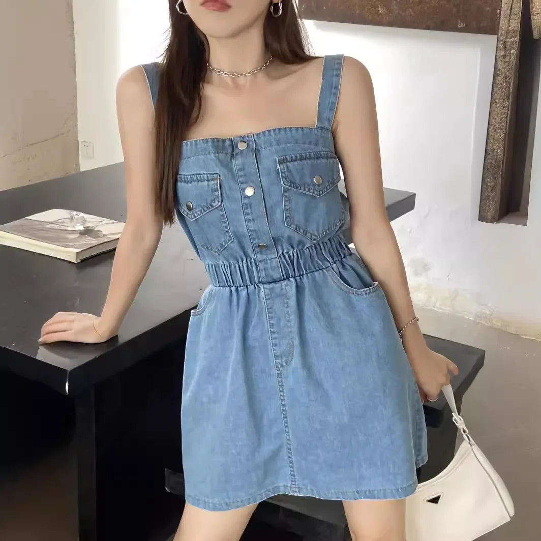 Stylish Denim Dress For Women New Waist-fitted Slimming Petite Short Skirt Fashionable Tie-detail Tanks Camis Shorts  Amaijoin