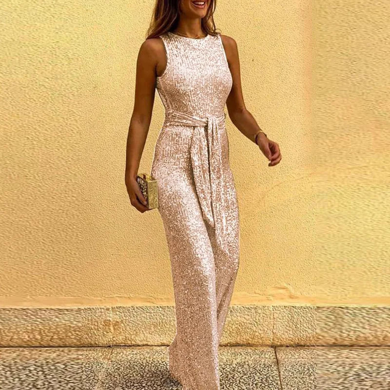 Spring and summer fashion elegant party jumpsuit round-necked sleeveless button sequins silver dot jumpsuit  Amaijoin