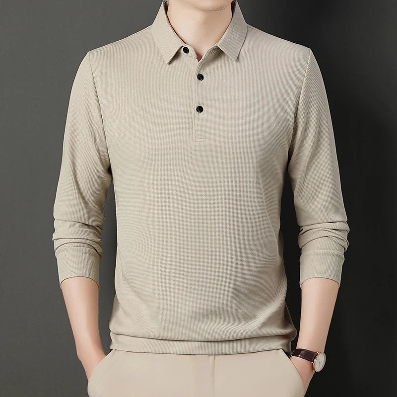 New Men's Long Sleeve T Shirt Button Lightweight Lapel Loose Polo Shirt Solid Color Top  Amaijoin