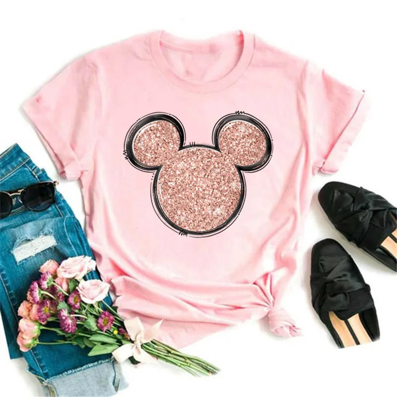 New T-shirts for Women Fashion Heart Minnie Print T Shirt Streetwear Clothes Kawaii Mickey Mouse Disney T Shirt Female Tops  Amaijoin