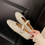 Load image into Gallery viewer, Lenkisen Luxury Rhinestone Sheepskin Mary Janes Shallow Dance Fashion Spring Shoes Summer Shallow Big Size Women Ballet Flats  Amaijoin
