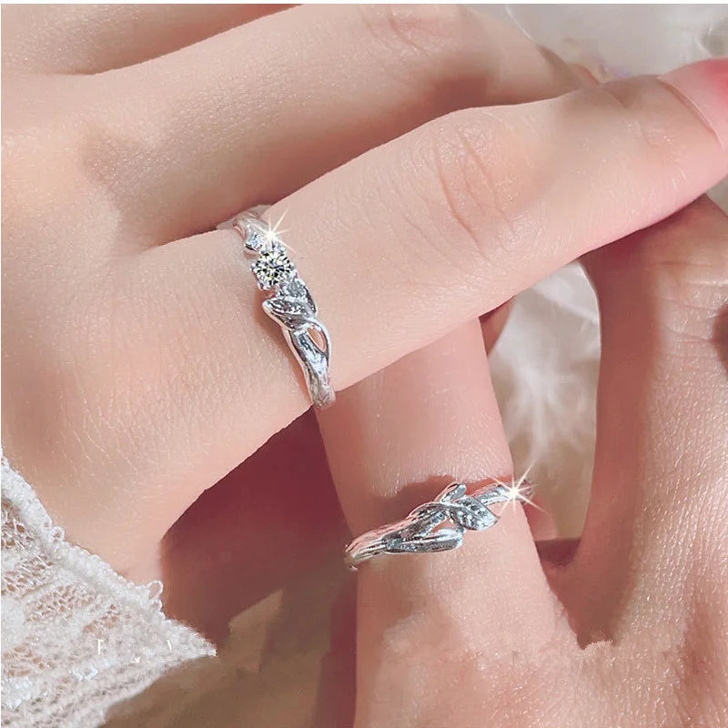 New Arrival Couple Ring Adjustable Fashion Personality 925 Silver Ring Men and Women Valentine's Day Gift Zircon Leaf Pair Rings  Amaijoin