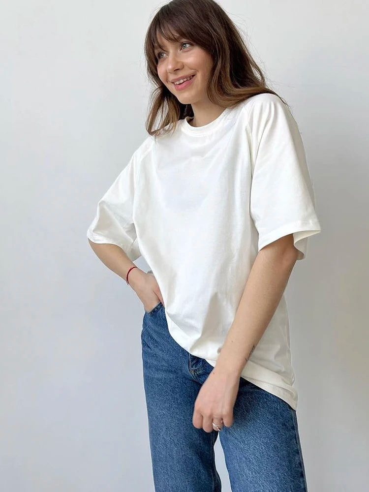 Hirsionsan 100% Cotton T Shirt Women 2023 Summer New Oversized Solid Tees Casual Basic Loose Tshirt Chic O Neck Female Tops  Amaijoin