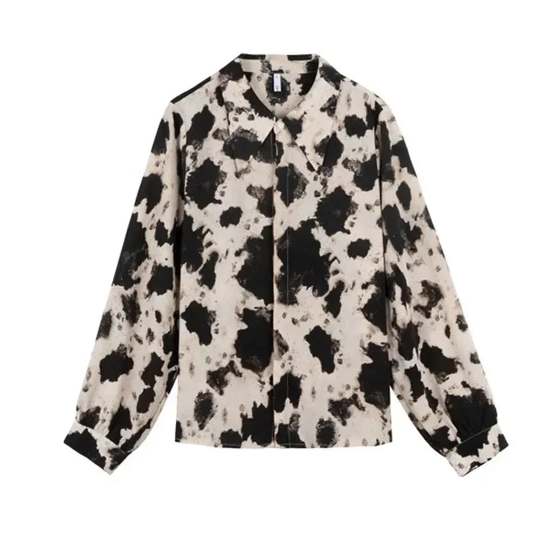 Cow Print Chiffon Women Shirts Spring Long Sleeve Blouse New Streetwear Tops Fashion Elegant Clothing  Amaijoin