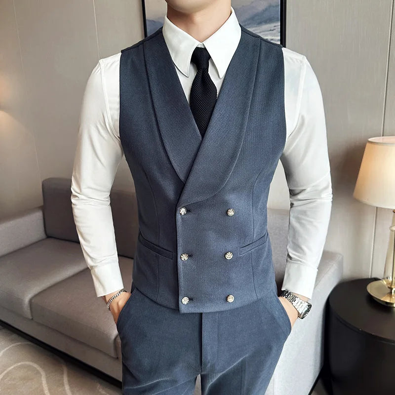 High Quality Men's British Business Suit Vest Men's Brand Clothing Slim-fit Vest Men's Double-breasted Blazer Dress Waistcoat  Amaijoin