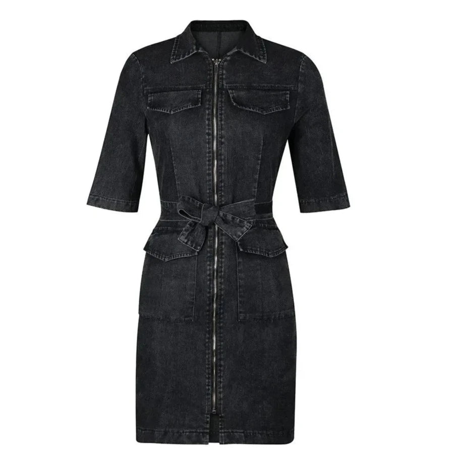 2024 New Women's Fashion Sexy Denim Dress Zipper Casual V Neck Dress Short Sleeve Elegant Casual Dresses Lady Jean Mini Dress  Amaijoin