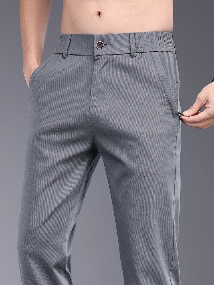 Bamboo Fiber Fabric Summer Men's Casual Pants Fashion Thin Soft Breathable Elastic Business Slim Straight Trousers Black Gray  Amaijoin