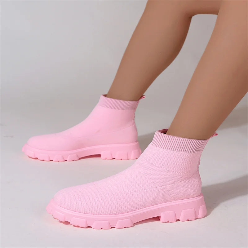 Brand Women Ankle Boots Lightweight Casual Shoes for Women Wedge Fashion Sock Boots Knitting Winter Medium Tube Platform Boot  Amaijoin