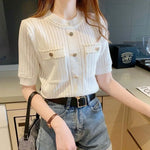 Load image into Gallery viewer, 2023 Summer New French GentleIce Silk Round Neck Short Sleeve T-shirt Women&#39;s Solid Button Small Fragrant Wind Knitted Slim Top  Amaijoin
