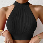 Carregue a imagem no visualizador da Galeria, Knit Sleeveless Halter Tops for Women Basics Solid Slim Fitted Crop Womens Turtleneck Ribbed Vest Y2K High Neck Tank Tops  Amaijoin
