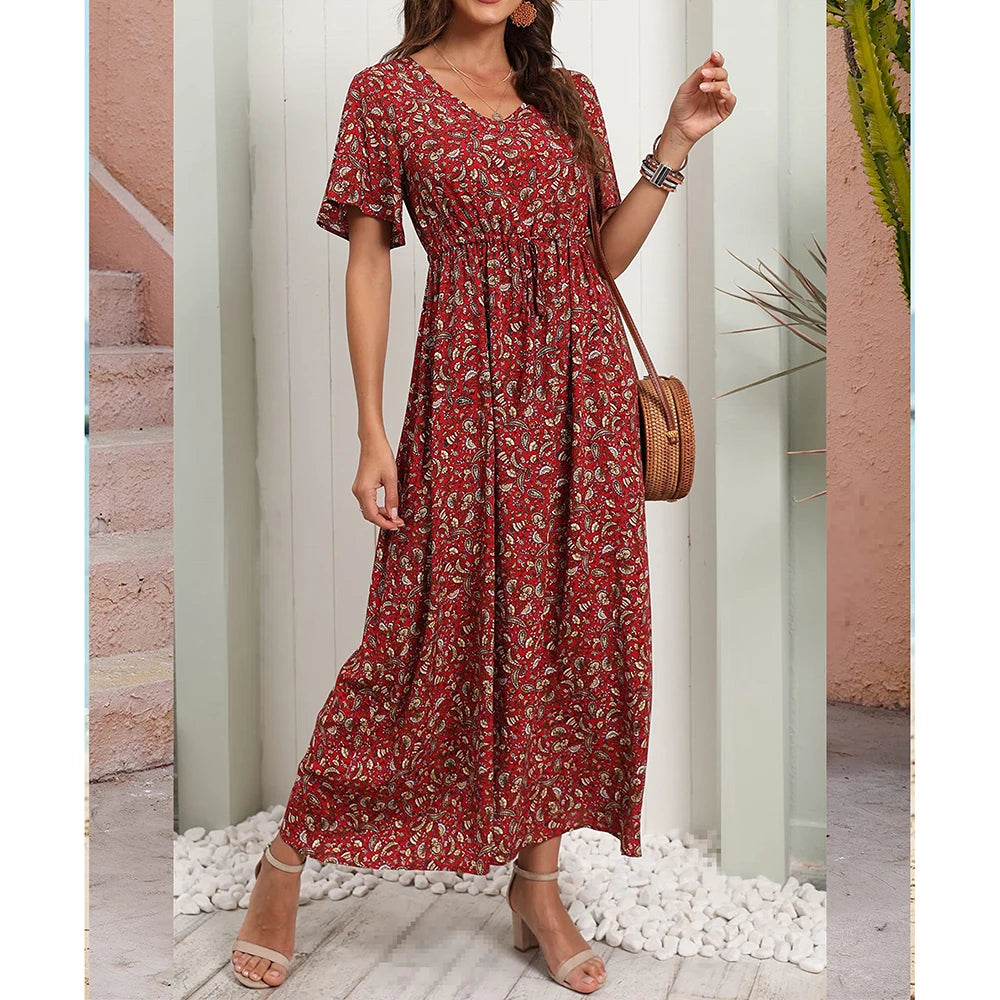 Bohemian V-Neck Floral Print Dresses Women Summer Casual Short Sleeve Midi Dress Beach Boho Elegant Fashion Long Skirts Female  Amaijoin