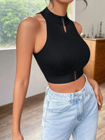 Carregue a imagem no visualizador da Galeria, New  Summer Women Metal Cut Out Keyhole Tank Top Casual Rib-Knit Neck Cropped Shirts Femme Sleeveless Off Shoulders Y2k T-shirts  Amaijoin
