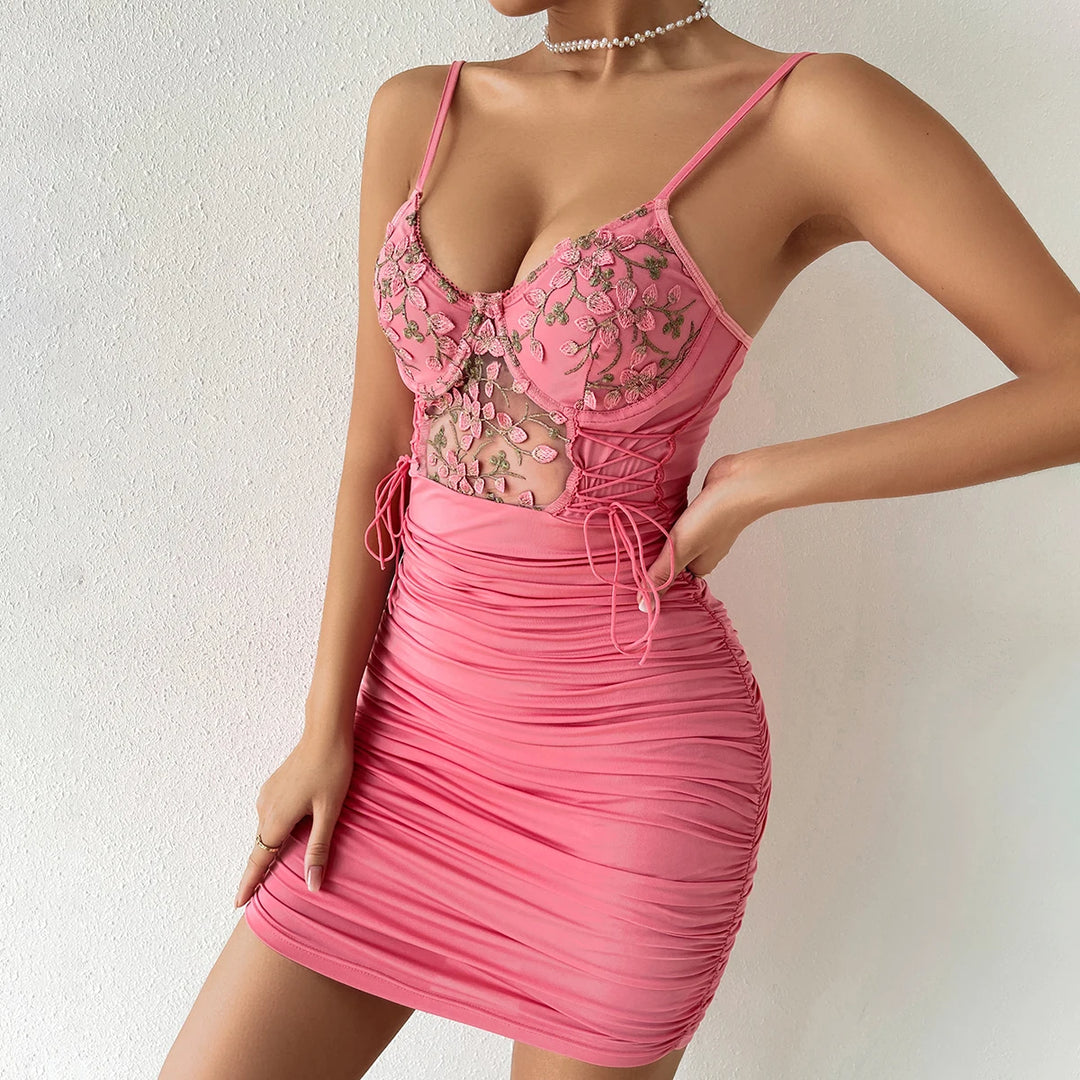 Vemina New Arrivals Hollowing Mesh See Through Halter Embroidery Slim Crop Dresses,Sexy Club Backless Sheath Package Hip Skirt  Amaijoin