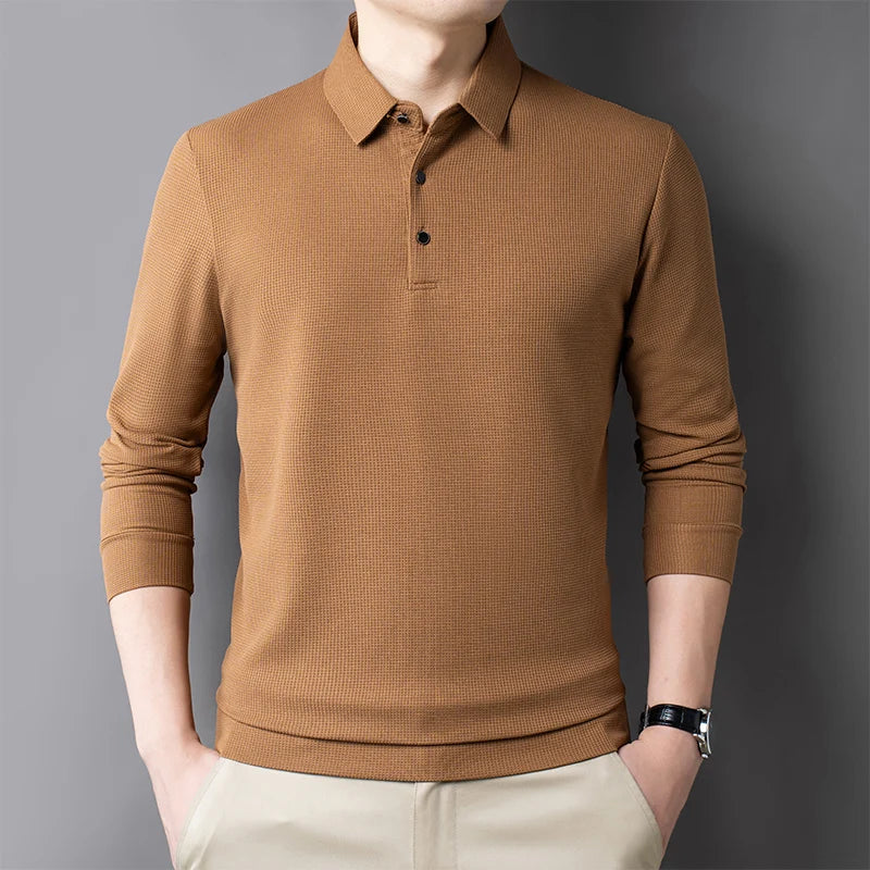 Men's Casual Waffle Polo T-shirt Breathable Comfortable Fashion Long Sleeve T-shirt  Amaijoin