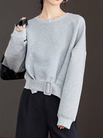 Carregue a imagem no visualizador da Galeria, Stylish Grey Sweatshirts Autumn Winter Women Plain Long Sleeve Belt Waist Loose Casual Oversize Pullovers Korean Short Jumper  Amaijoin
