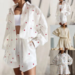 Carregue a imagem no visualizador da Galeria, Women Two Piece Set Cotton Linen Ruffle Shirt Shorts Summer Home Heart Pattern Long Sleeve Button Blouse Short Set Outfits  Amaijoin
