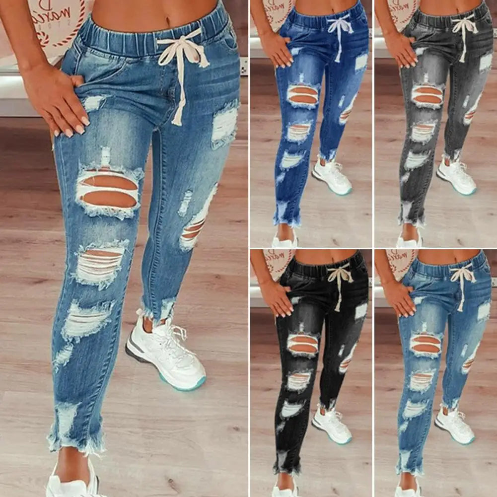 Popular Pencil Jeans Streetwear Women Jeans Slim Slim-fitting All Match Denim Pants  Elastic Waist  Amaijoin