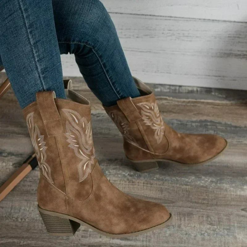 Classic Western Boots for Woman 2024 Cow Suede Pointed Toe Wedges Heel Ankle Boots Simple Comfortable Cowboy Boots Female  Amaijoin