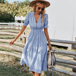 Carregue a imagem no visualizador da Galeria, Women Elegant Striped Lantern Sleeve Summer Dress Causal V-neck Button Ruffles Midi Dress 2023 Women Beach Holiday Party Dress  Amaijoin
