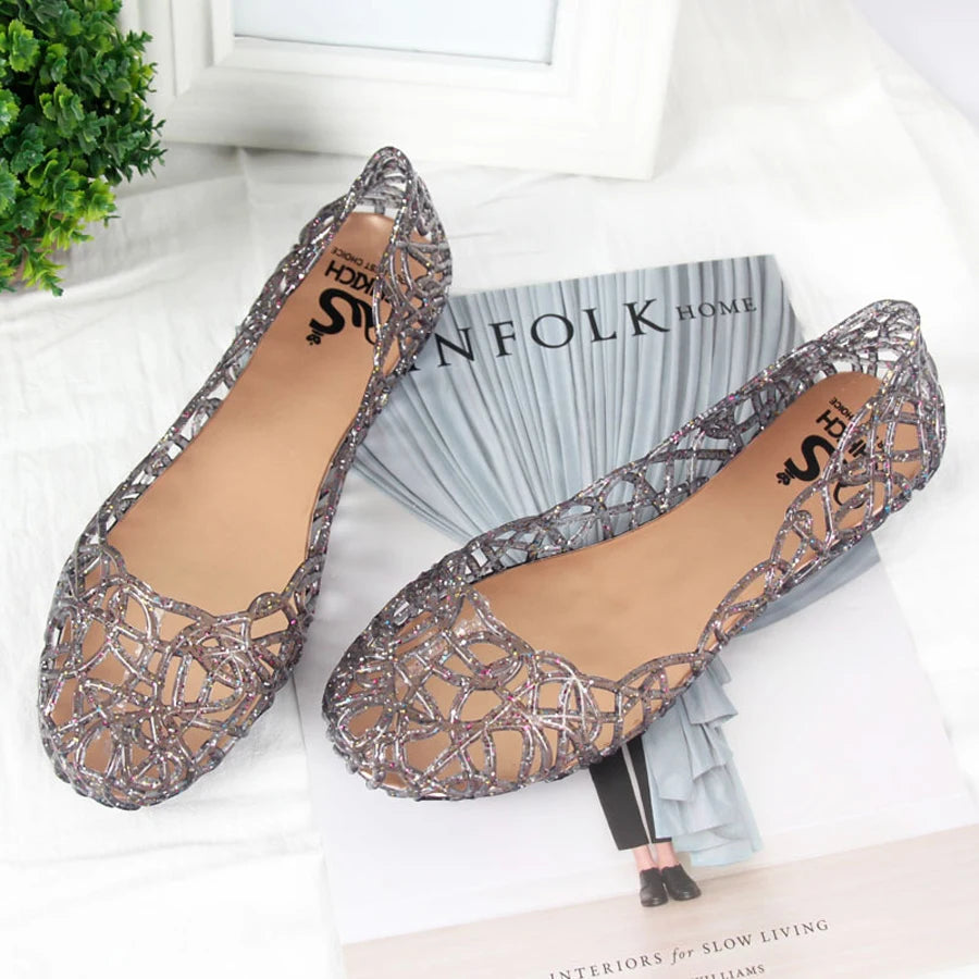 Summer women sandals flat-soled crystal clogs hollow flat-soled slip-ons shallow mouth Roman jelly shoes beach sandals  Amaijoin