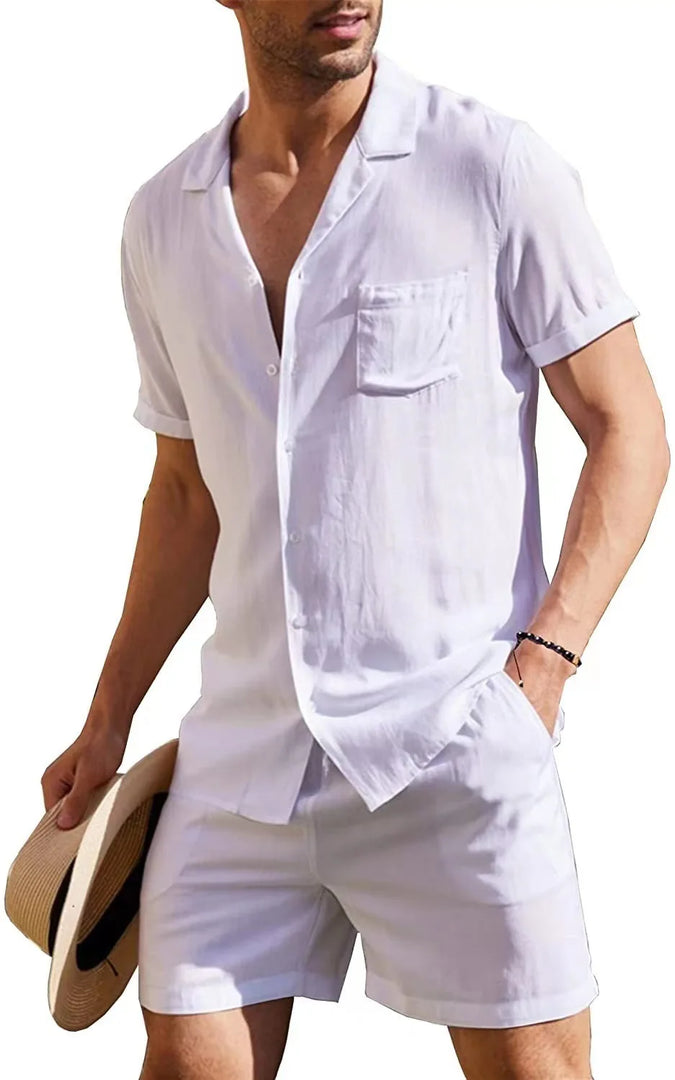 Fashion Men's Short Sleeve Shirt Set Woven Quick Dry Summer Loose Casual Cool Cardigan Shirt Shorts Lazy Exercise  Amaijoin