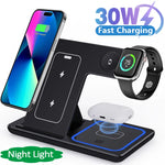 Carregue a imagem no visualizador da Galeria, 30W LED Fast Wireless Charger Stand 3 in 1 Foldable Charging Station For iPhone 15 14 13 12 11 Apple Watch 9 8 7 6 5 Airpods Pro  Amaijoin
