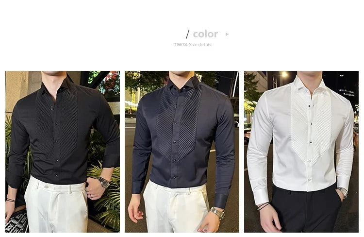 2023 Autumn Banquet Gentleman Dress French Collar Shirt Men's Long Sleeve Casual Business Organ Pleated Shirt Men Clothing  Amaijoin