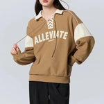 Carregue a imagem no visualizador da Galeria, Semir Sweatshirt Women Fleece Letter Print Color Matching Loose Winter Waffle Polo Collar Artistic Retro Style Sweatshirt  Amaijoin
