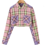 Carregue a imagem no visualizador da Galeria, XNWMNZ 2024 Women&#39;s Fashion Patch Bag Crop Checkered Shirt Women High Street Lapel Long Sleeve Versatile Female Top  Amaijoin
