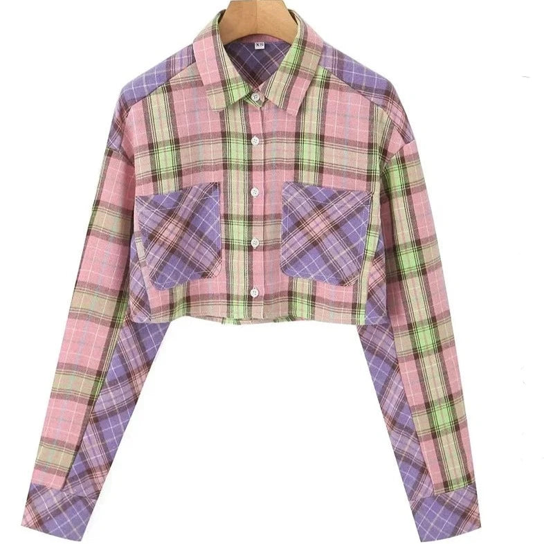 XNWMNZ 2024 Women's Fashion Patch Bag Crop Checkered Shirt Women High Street Lapel Long Sleeve Versatile Female Top  Amaijoin