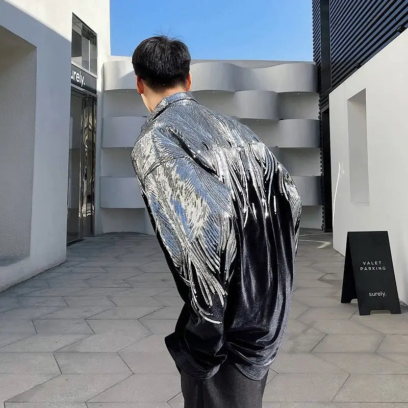 PFNW 2024 Embroidery Sequin Velvet Fashionable Temperament Men's Long Sleeve Shirts Lapel Personal Design Oversized Tops 9Y6658  Amaijoin