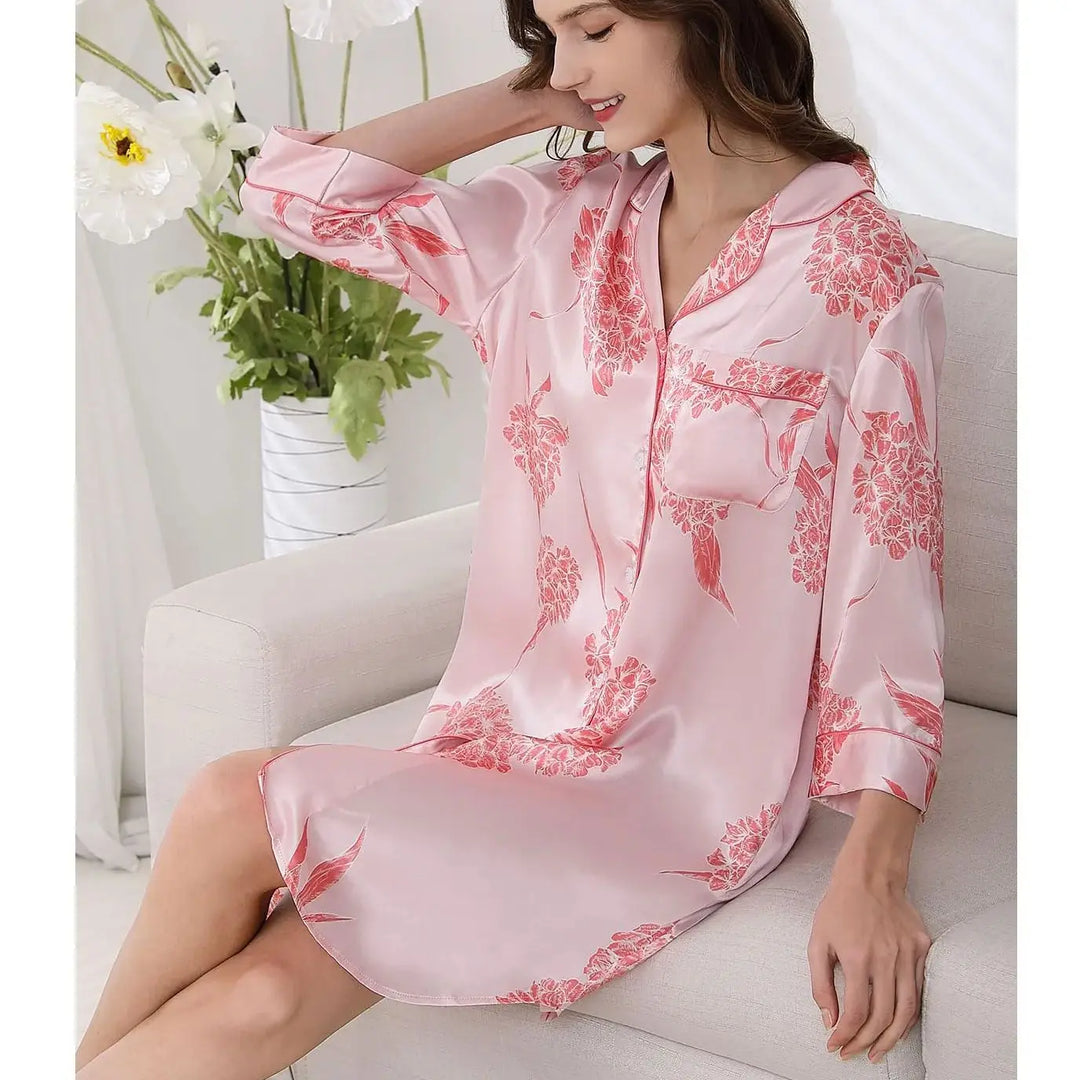 BirdTree, 19MM 100%Real Silk Pajamas Dress, Women Floral Print, Sexy Retro Loose Sleepwear, 2024 Summer New Nightgown P43997QM  Amaijoin