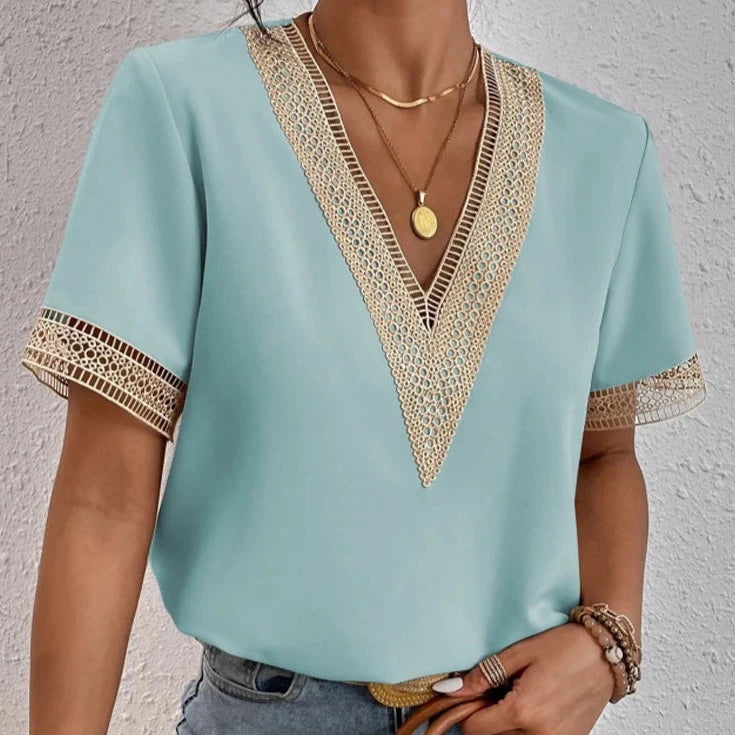 2023 summer new lace V-neck short-sleeved T-shirt women loose casual blouse thin solid color pullover  Amaijoin