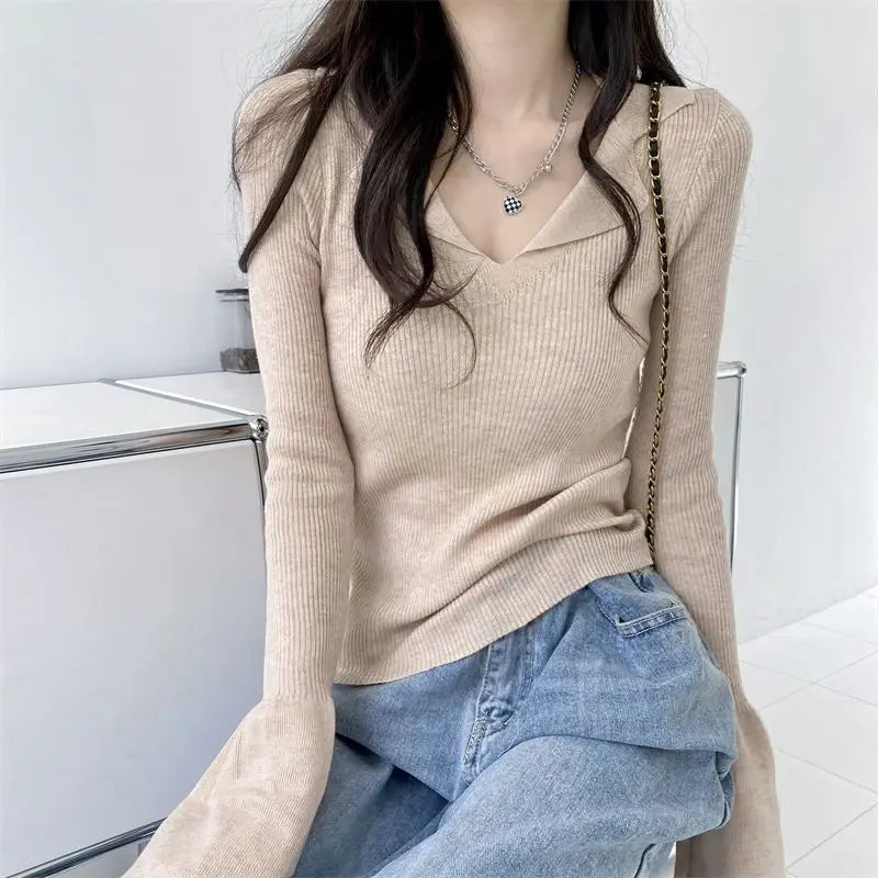 Black Casual Women Polo Neck Tee Shirt T Shirts Woman Top Korean Fashion Clothing Long Sleeve Clothes Free Shipping Streetwear  Amaijoin