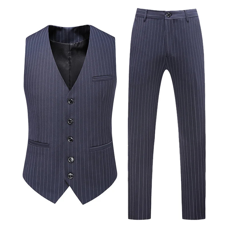 ( Jacket + Vest + Pants ) Groom Wedding Dress Boutique Striped Formal Double Breasted Suit 3pce Set Mens Casual Business Suit  Amaijoin