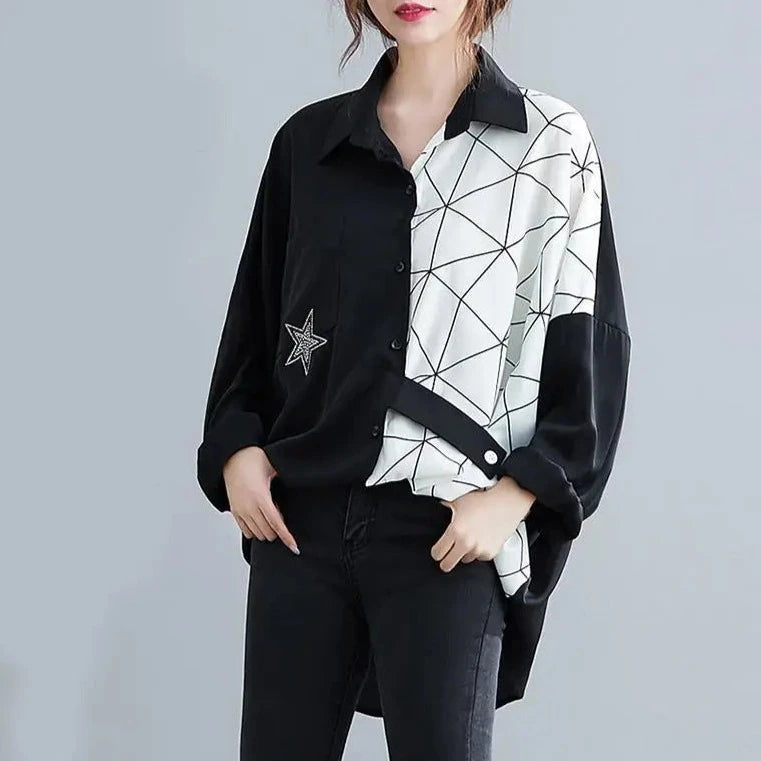 2023 Spring and Autumn Women's Polo Button PrintingPatchworkDrawstring Loose Fashion Casual Elegant Commuter Long Sleeve Tops  Amaijoin