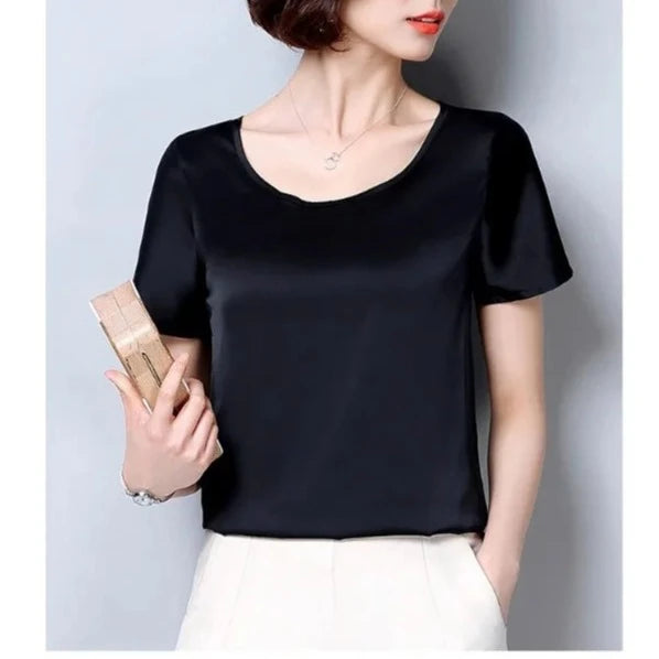 New outer wear silk round neck sling top satin short-sleeved stretch T-shirt large size bottoming shirt women  Amaijoin