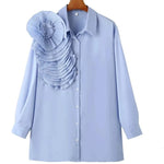 Carregue a imagem no visualizador da Galeria, Zevity Women Fashion Pleated Large Flower Appliques Solid Smock Blouse Office Lady Buttons Shirt Chic Chemise Blusas Tops LS5639  Amaijoin
