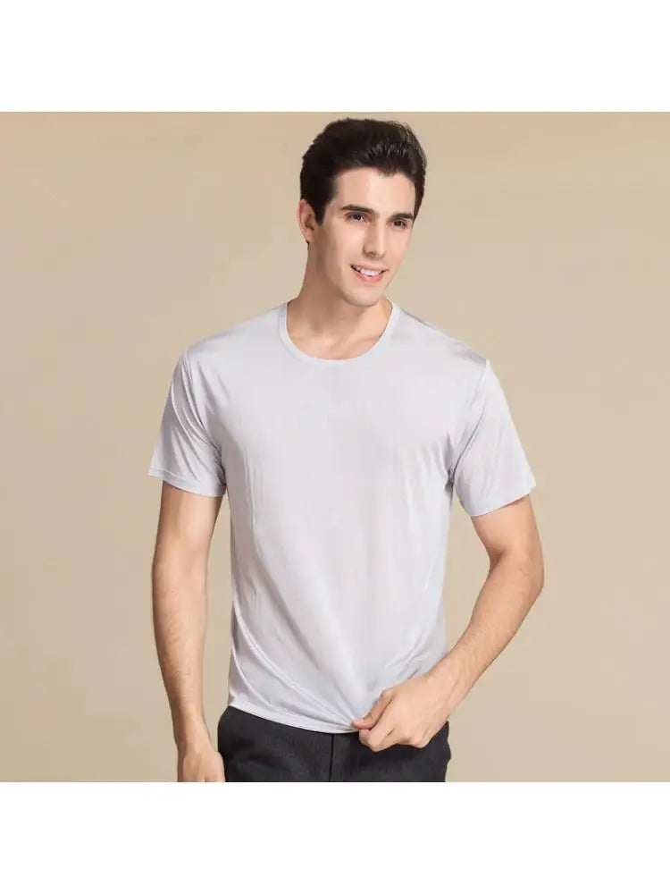 High Quality Mulberry Silk AAA grade Round  Neck Short Sleeve Men shirt Knitted Large Middle Thin Cultural  White Black Silver  Amaijoin